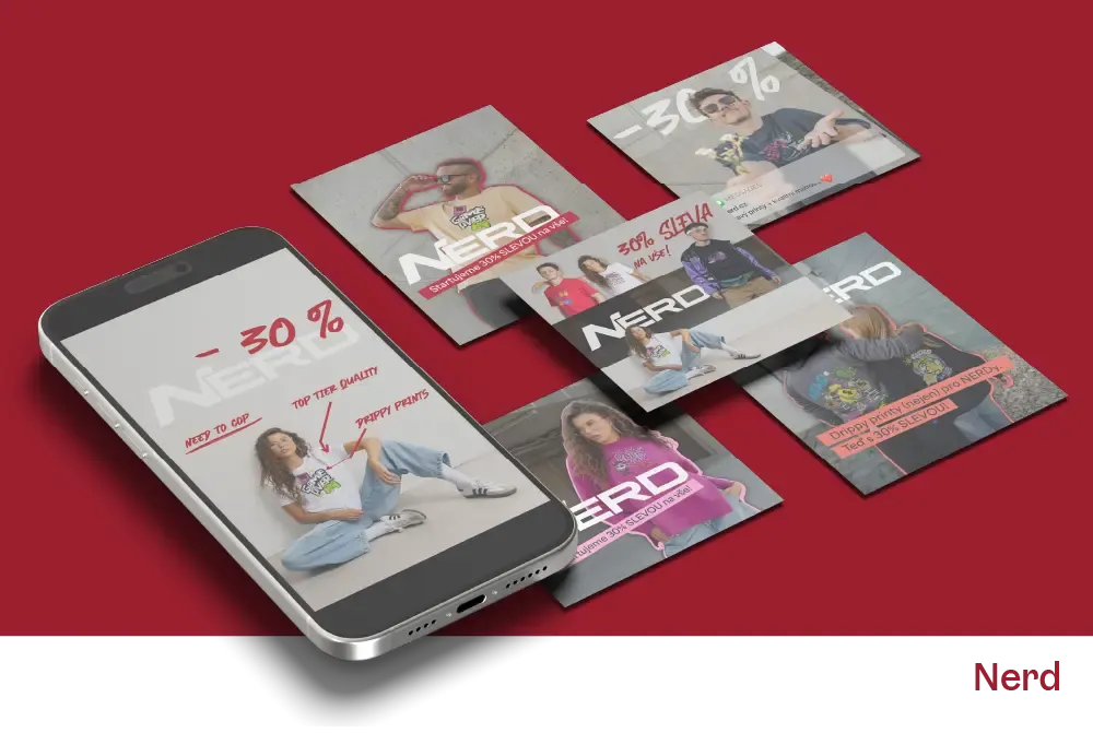 Reklamy do výkonnostních kampaní a posty na sociální sítě pro firmu Nerd